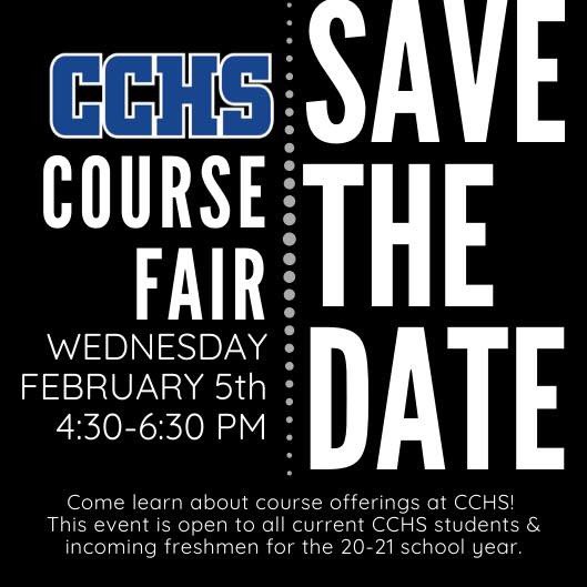 CCHSCavsCounsel's tweet photo. Make plans to attend our course fair one week from today to learn about our course offerings and to help plan for your upcoming CCHS enrollment! This event will be held in the CCHS gymnasium. #newtraditions #CCHS https://t.co/0it5JXeujR