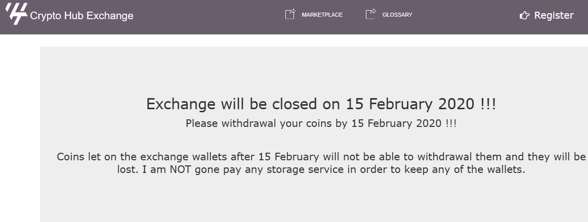CRYPTO HUB EXCHANGE IS CLOSING FEBRUARY 15TH‼️

For anyone that has funds within the Crypto Hub Exchange, make sure to have it withdrawn before the 15th of February‼️ 

They have made it clear that they are not liable for any #Cryptocurrency that is not withdrawn‼️
#DRV #Dravite