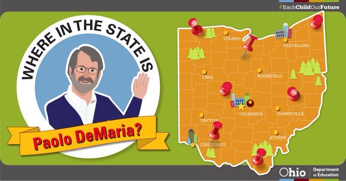 OHEducation's tweet photo. 🔎 Where in the state is Paolo DeMaria? 📌 Last week, @OHEducationSupt celebrated #LibraryShelfieDay, learned about the future of @CLEMetroSchools, met with @CLE_State/@CSUCollegeOfEd faculty &amp; spoke at two conferences!

More on #ExtraCreditBlog: https://t.co/yIsq25qLoS #OhioEd https://t.co/CF84tK4tFQ