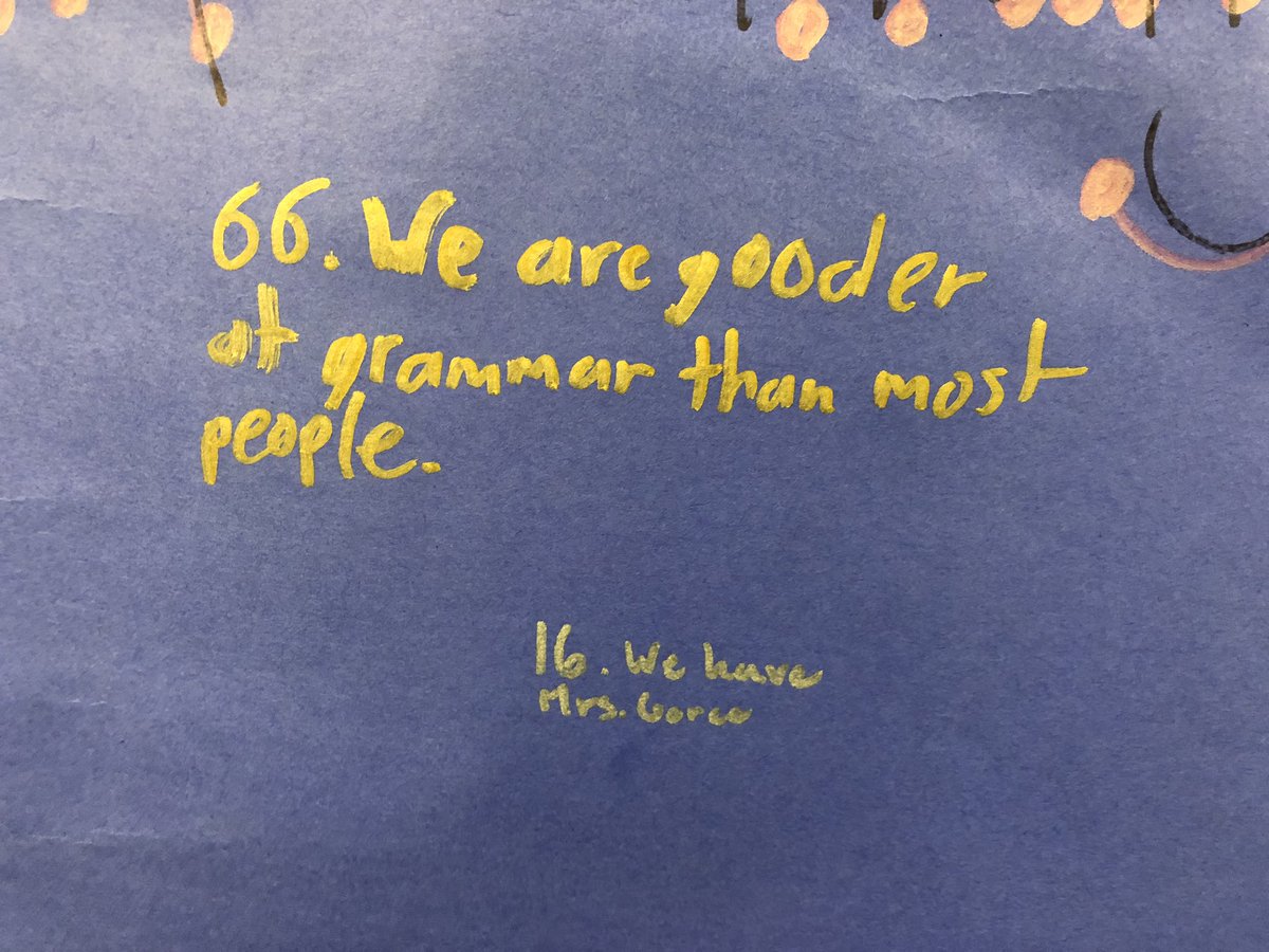 mrsgoree102's tweet photo. #100amazingthings about our class! We’re at 65 and we plan to keep finding the happy moments all thru the year! These kids crack me up & im so thankful for all our inside jokes #hushpush #gooderatgrammar #moredramathantheater https://t.co/r4j7xHxe9A