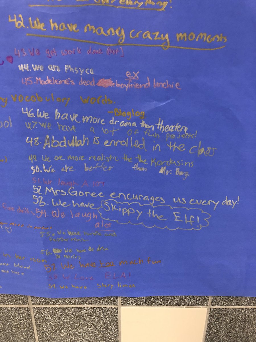mrsgoree102's tweet photo. #100amazingthings about our class! We’re at 65 and we plan to keep finding the happy moments all thru the year! These kids crack me up & im so thankful for all our inside jokes #hushpush #gooderatgrammar #moredramathantheater https://t.co/r4j7xHxe9A