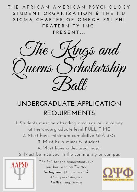 aapsowsu's tweet photo. Great news everyone! We’ve EXTENDED the deadline for the Kings and Queens Scholarship Ball to Sunday, March 8th, 2020 at 11:59pm. Application link attached. If you have any questions, please email or DM us because we are NOT accepting resubmissions. #KQSB https://t.co/HDUmw9Heta https://t.co/GaqEB31K0C