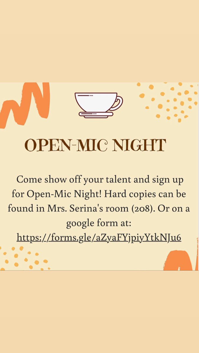 Come out to open mic night on February 27th in the Easley Cafeteria at 5:30pm! There is still time to sign up!
