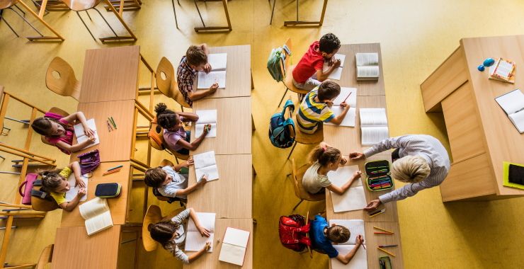 Bird's eye-view photo of students in a classroom
