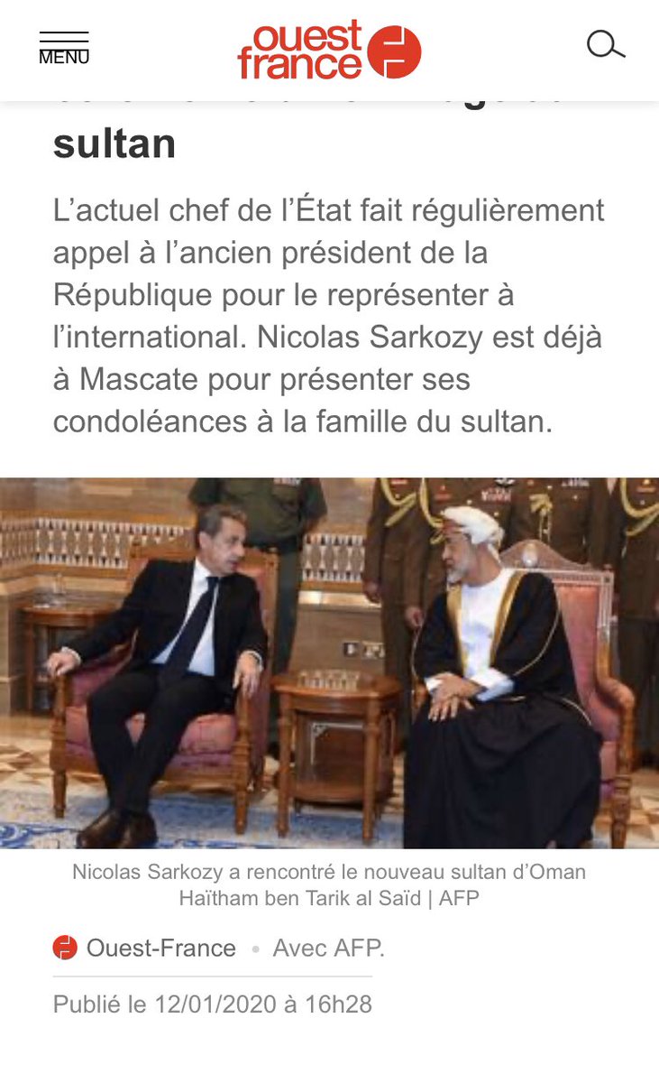 Note that Sarkozy is still very involved in France’s foreign affairs, and is close to Macron. Macron has asked Sarkozy to represent France FIVE times, most recently after Sultan Qaboos’ death in Oman