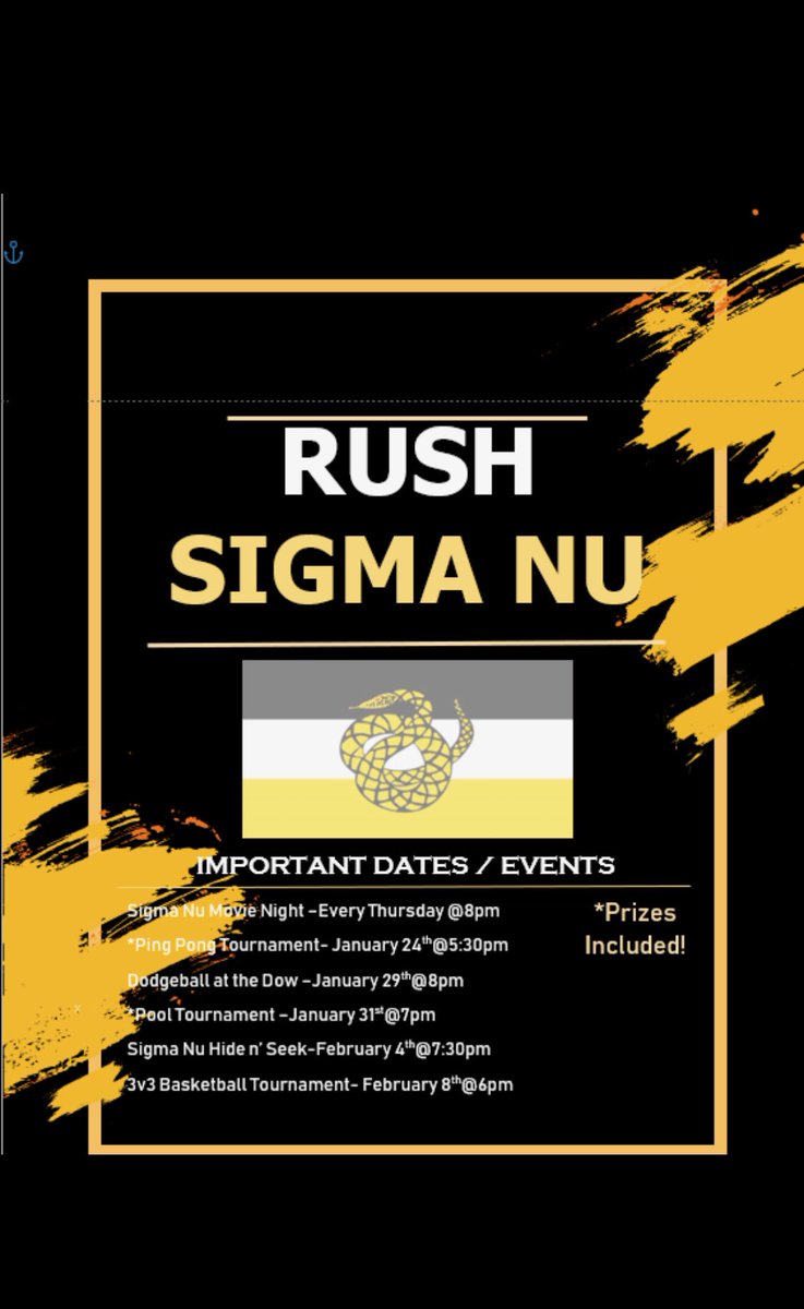 Interested in joining Sigma Nu? Here are the events list! Contact @sigmanu47 for more info! 
#Rush#GoGreek