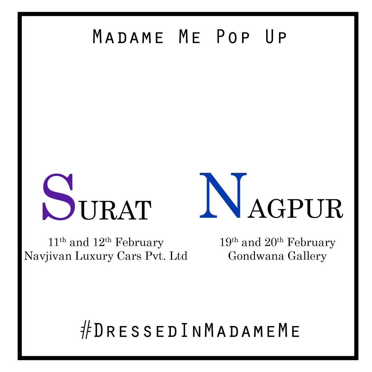 MadameMe_'s tweet photo. 𝐌𝐚𝐝𝐚𝐦𝐞 𝐌𝐞 𝐏𝐨𝐩 𝐮𝐩
Shop the designers latest collection only at Madame Me Pop-up'20 In Surat &amp; Nagpur⠀
𝐒𝐮𝐫𝐚𝐭 - 11th &amp; 12th February at Navjivan Luxury Cars Pvt. Ltd.⠀
𝐍𝐚𝐠𝐩𝐮𝐫 - 19th &amp; 20th February at Gondwana Gallery
#MadameMe
@officialraveenatandon https://t.co/oDRrOnrAPl