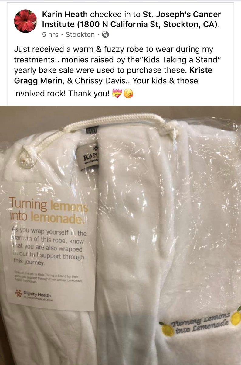 KidsTakeAStand's tweet photo. We were so thrilled to hear from a local patient that has benefitted from the new robe program for Radiation patients at St Joseph’s Hospital! We are rooting for you, @KarinHeath! https://t.co/Yo5QdMHghd