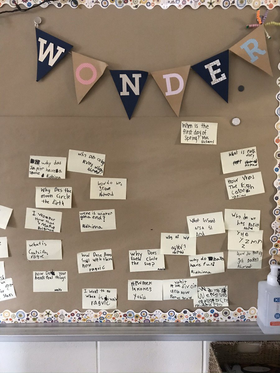 vvhickerty's tweet photo. We have begun a wonder wall in our room where students can write questions about things they are wondering, then on wonder Wednesday we find the answers to a few! At first I wondered if they would be into it, I was wrong! #wondering #promotingwriting #questions https://t.co/r7FlwuIo2y