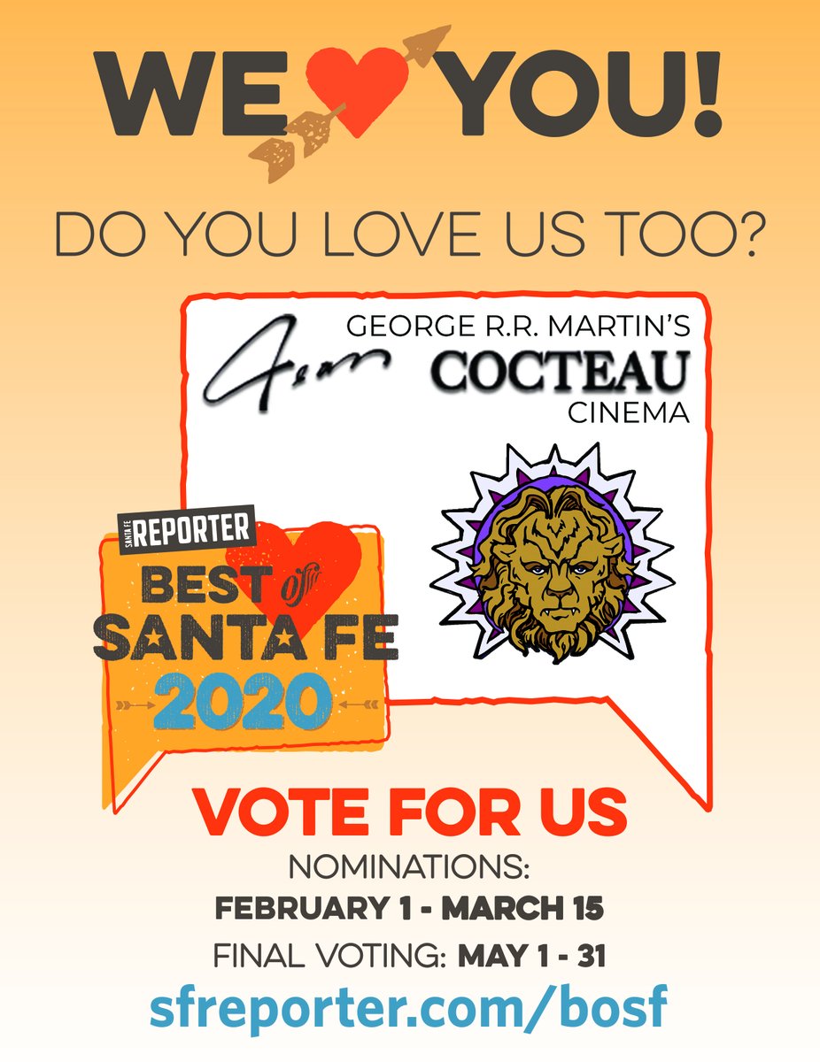 CocteauCinema's tweet photo. Enjoy stopping in at your hometown theatre to catch a movie, grab a drink, or participate in one of our one-of-a-kind events? Show us some love and nominate us for Santa Fe Reporter's Best Of 2020! #BOSF2020
For nominations → https://t.co/XgLe766GQV https://t.co/Wz9JXLcLFU
