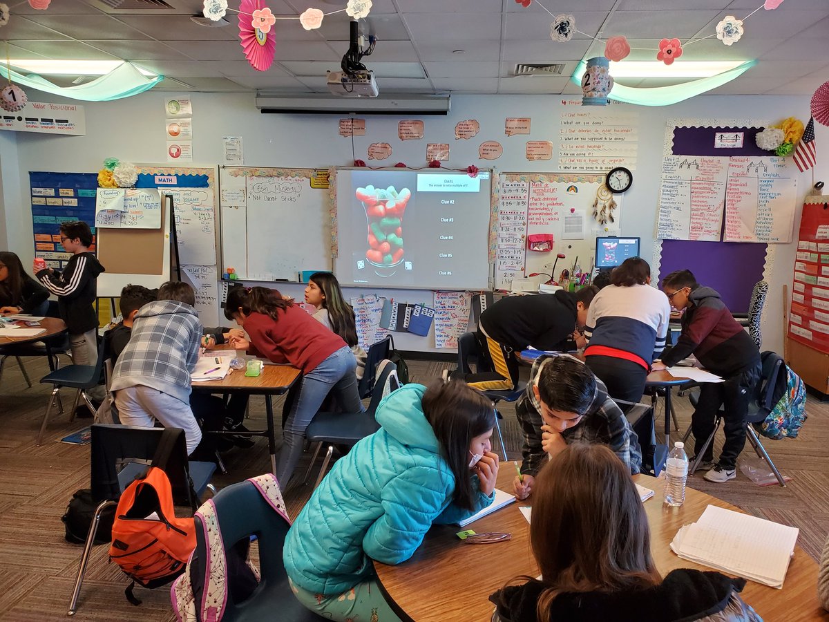 Ivette_RRISD's tweet photo. We had so much fun solving some Esti Mysteries today.  Kids were SO excited for the big reveal! Student engagement, collaboration skills, communication skills, and opportunities for all abilities! #5thDualLanguage #Reasonability  @EMathRRISD @SteveWyborney @UnionHillRRISD https://t.co/K2QZIkI2jD