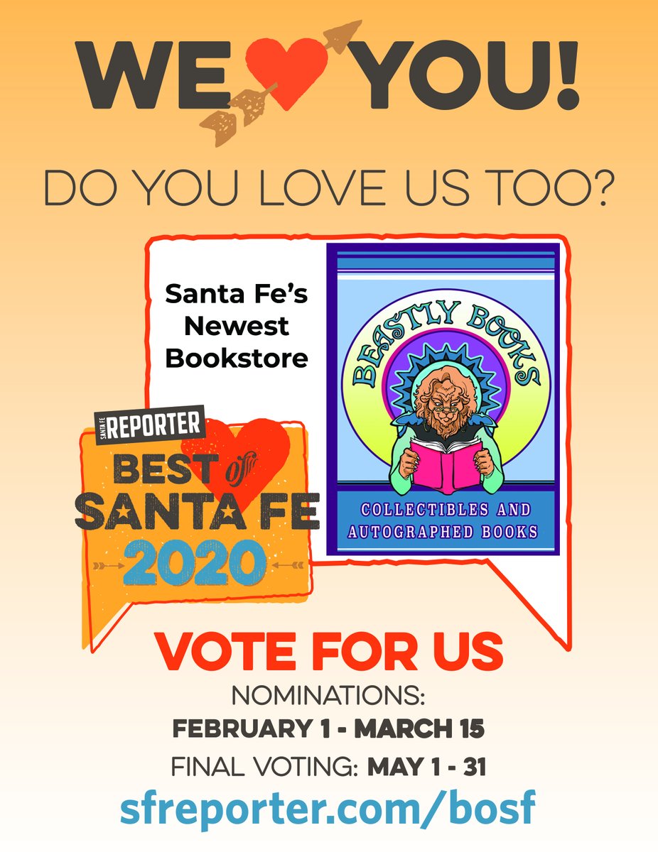 beastlybooks418's tweet photo. Santa Fe: you've shown us so much love already in the few short months since we opened our doors & we can't thank you enough! We love serving this community & would be delighted if you nominate us for Santa Fe Reporter's Best Of 2020! #BOSF2020 https://t.co/u9oY4jcNWP https://t.co/LdJ54n7bWR