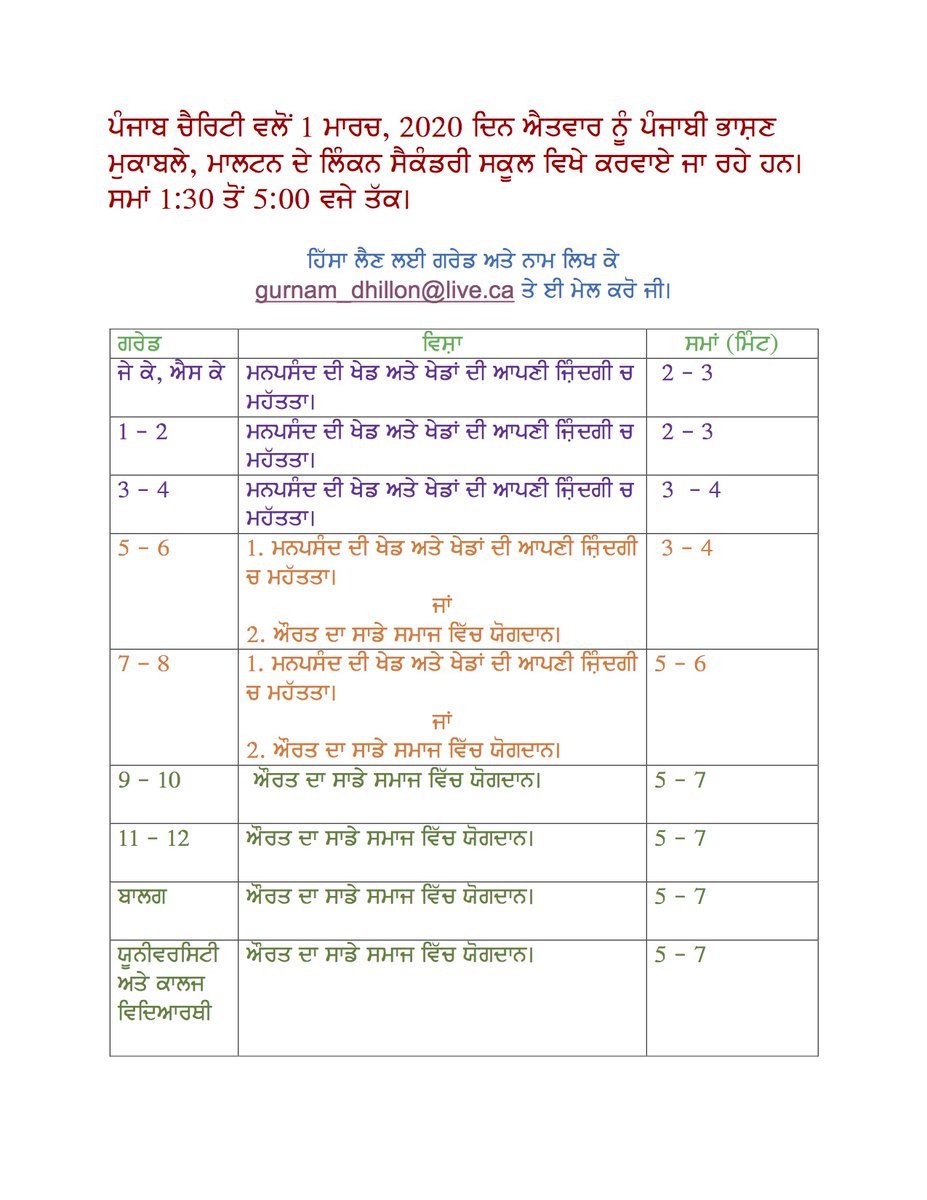 DhillonGurnam's tweet photo. Punjabi Speech Competitions 
March 1, 2020, at Lincoln M. Alexander S. S. from 1:30 to 5:00 pm. @TinaSidhuEdu @SohiBalbir @iHarkiratSingh @poleen_grewal @Jerry_Powidajko @ScottMoreash @JimKardash1 @MmeVlassova @HorseXu @sharoonisback @MsShaw_PDSB @LincolnAlexSS @PeelSchools https://t.co/FwrwDLsr7c