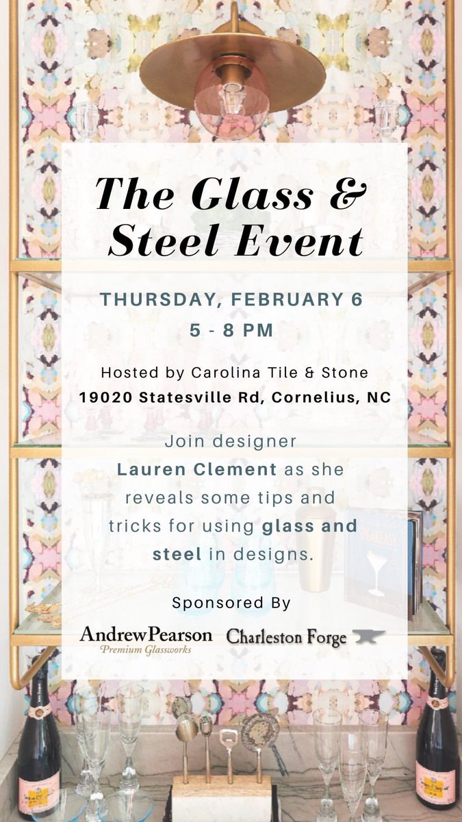 idscharlotte's tweet photo. Our own IDS designer - Lauren Clement with @laurennicoleinc is sharing some tips and tricks for using glass and steel in designs at an upcoming event!! ⁣
⁣
Join her @carolinatileandstone along with @andrewpearsonglass and @charlestonforge on Thursday Feb. 6th, from 5 - 8 pm. https://t.co/ZI2sRp7FDx