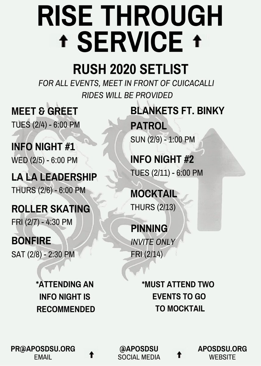 APOSDSU's tweet photo. RISE THROUGH SERVICE 🌥 Come out to our Spring 2020 rush events starting on Feb 4! Everyone is welcome! See you there 🤩 #apo #aposdsu https://t.co/ivqrQvVGB9