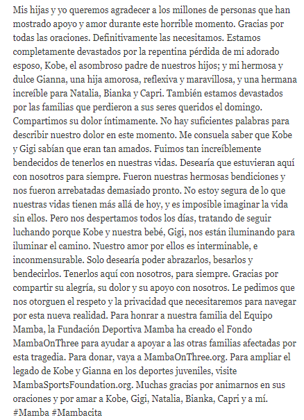 VSportsTM's tweet photo. El mensaje de Vanessa Laine Bryant. 💔 https://t.co/O59HWkLXc3