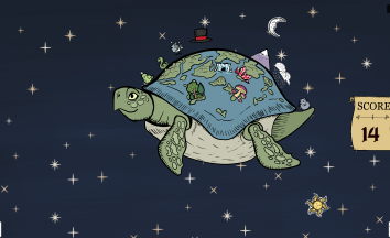 Screenshot of a large illustrated turtle floating in space. On it's back are continents, mountains, and various items like a top hat and mushrooms.