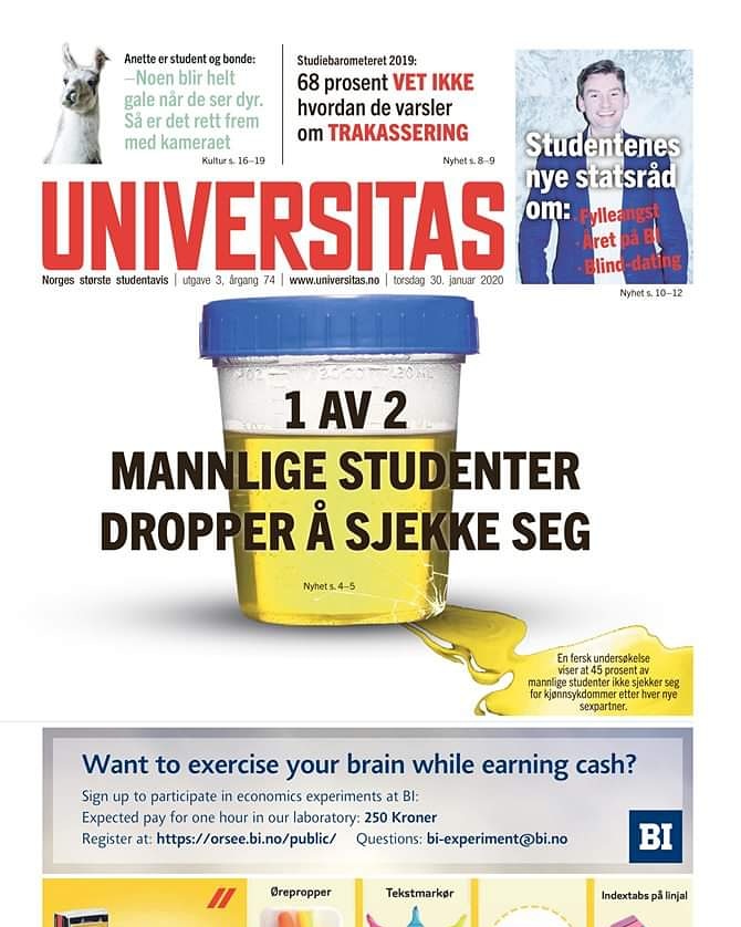 Ny uke, ny avis! LØP til nærmeste studiested - eller sjekk PDF på universitas.no
I dagens avis kan du lese om kjønnssykdommer, studenter som ikke varsler, og hvor glad @Henrikasheim blir av å se menn med motorsag på film! 

#universitas #oslostudent