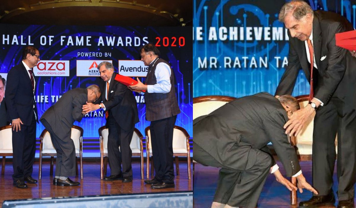 FundamentalGems's tweet photo. Two Legands 

Infosys co-founder
#NarayanaMurthy bending down to touch #RatanTata's feet as a sign of respect after he presented the Lifetime Achievement Award to the Chairman of #TataSons

A touching gesture of Humility &amp; Big Moment in Corporate History 
#ThursdayMotivation https://t.co/8QPlCIdxhX