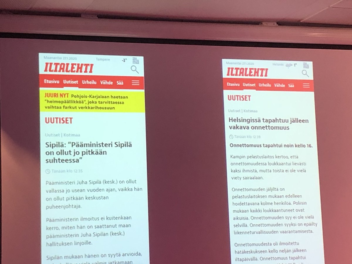 Jos kone tekisi uutisia, ne voisivat näyttää vaikka tältä, kertoi Iltalehden <a href="/PerttuKauppinen/">Perttu Kauppinen</a>. 😁 Tässä toki vähän leikitelty tekoälyn kanssa, mutta ennustava analytiikka on jo käytössä toimitustyössä. #Mediapäivä2020