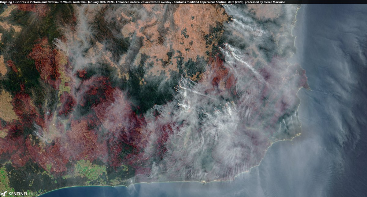 Still active #bushfires🔥 in #Victoria and #NewSouthWales with massive smoke plumes, #Australia🇦🇺 30 Jan 2020 Copernicus/Pierre Markuse