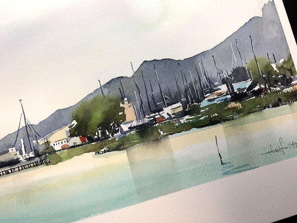 「琵琶湖と比叡に見守られ、今か今かと春を待つ。圧巻。 #Watercolor #ス」|わへい水彩画@京都水彩画塾塾長のイラスト