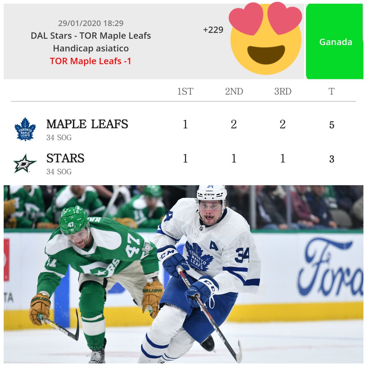 dvdtellez's tweet photo. En el partido entre @MapleLeafs vs @DallasStars nos gustó mucho el escenario que rodeaba al underdog y de visitante por eso optamos por el pick con momiazo y le sacamos miel al maple de #Toronto #ErrorEnLaMatrix #NHL https://t.co/FcmHcC7Wtx