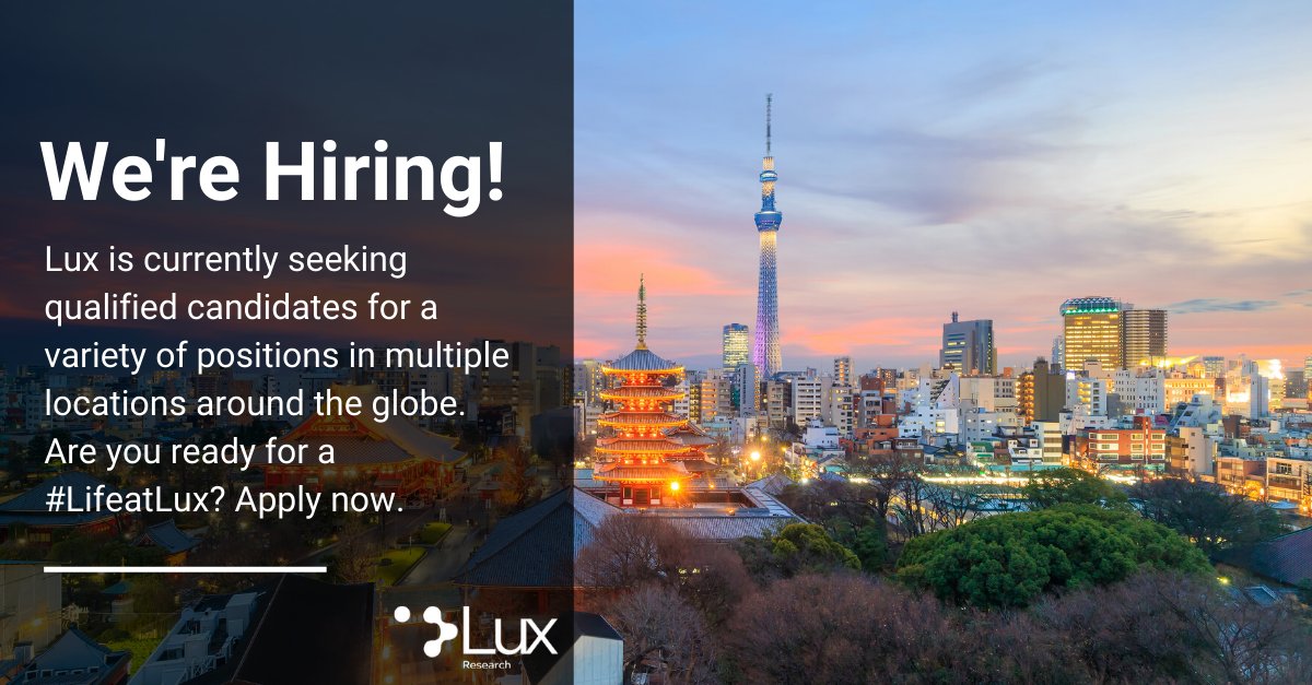 LuxResearch's tweet photo. We're looking for intellectually curious individuals to join our team. If that sounds like you, come be a part of #LifeatLux. | Check out all of our open positions here: https://t.co/zXAc6n5a3K #careers #hiring #jobs https://t.co/uZVZac0Nid