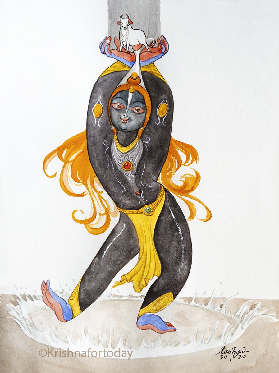 GovindaPattabhishekam_Kamadhenu anoints Krishna as Govinda after the GoverdhandhAraN #watercolour #Krishnafortoday