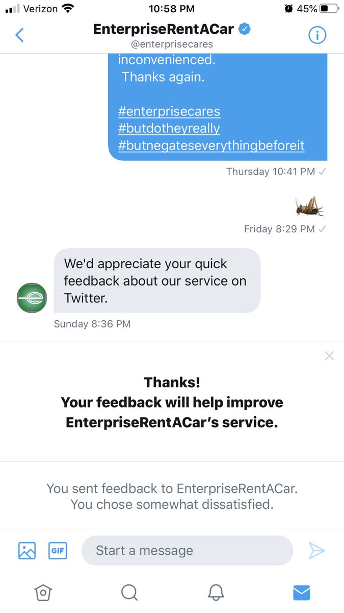Lou-Anne Wood (@imlouannewood) on Twitter photo If one is asked to provide feedback about the customer service on Twitter, and you select âsomewhat dissatisfiedâ do you suppose they reach out to discuss/follow up? #AskingForAFriend <a href="/Enterprise/">Enterprise</a> #policy #enterprisecares #crickets #alreadyinmyDMs If one is asked to provide feedback about the customer service on Twitter, and you select âsomewhat dissatisfiedâ do you suppose they reach out to discuss/follow up? #AskingForAFriend <a href="/Enterprise/">Enterprise</a> #policy #enterprisecares #crickets #alreadyinmyDMs