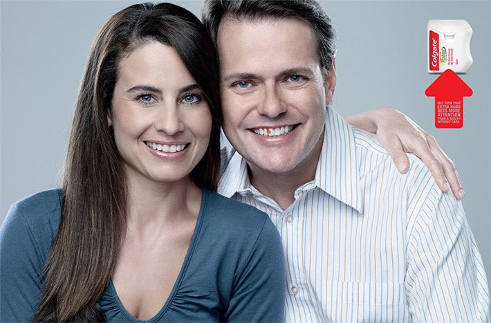 YihanYang2000's tweet photo. Critique2: These are the ads from Colgate line of dental floss. In those pictures, the first woman has an extra finger; the second woman has an extra arm. And the man missing an ear. The food remaining on your teeth will draw more attention than any physical defect！#comm320 https://t.co/bS8MwYl4OY