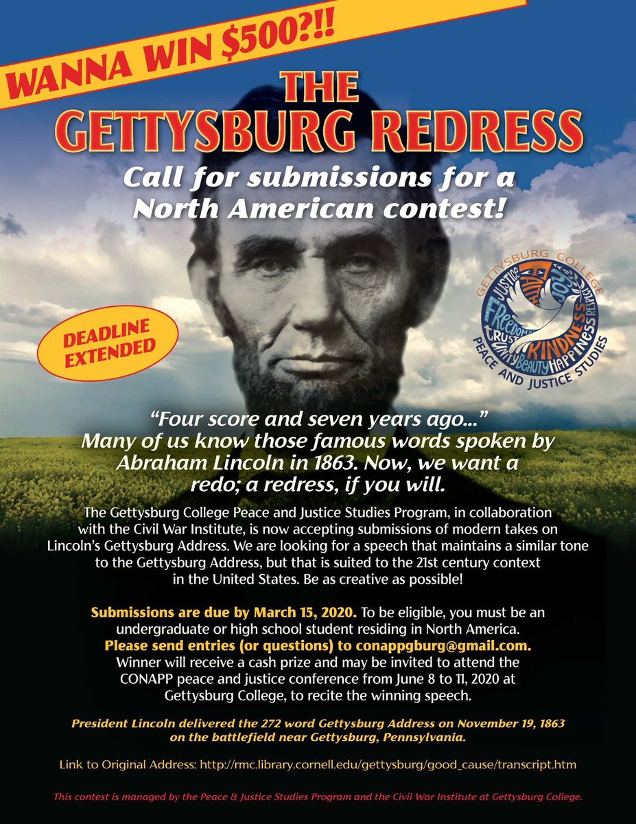 conappgburg's tweet photo. The Gettysburg Redress contest has been extended. Submissions are now due March 15, 2020. The winner will receive $500! #undergraduate #highschool  #gettysburgcollege  Send entries or questions to conappgburg@gmail.com. https://t.co/qfpfTDZr71