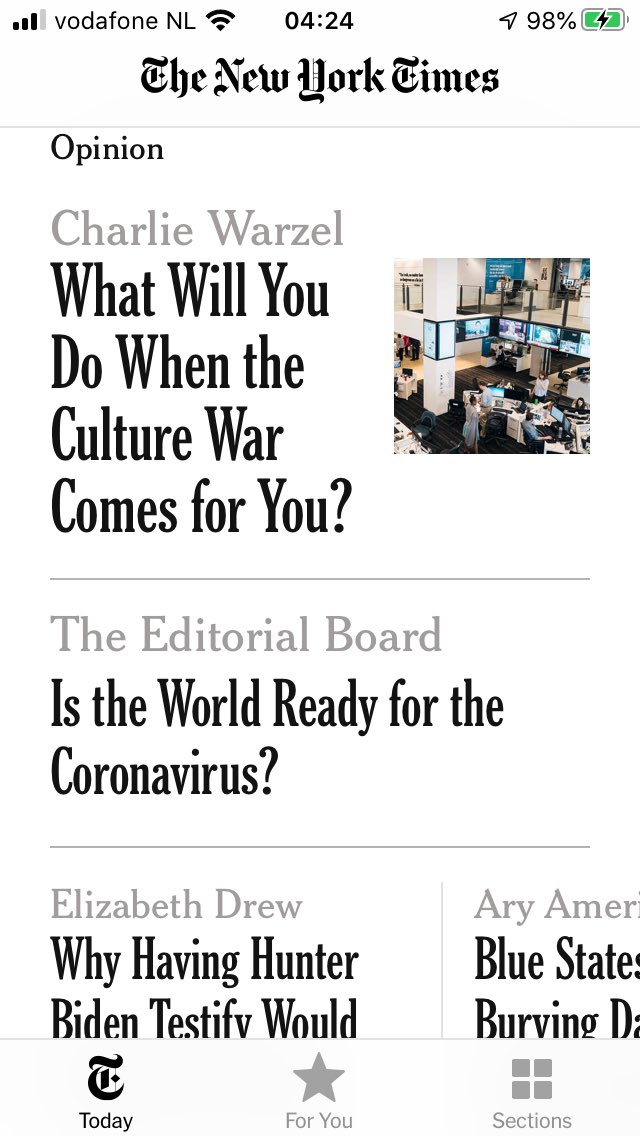 Screenshot of the New York Times iPhone app with headlines in a condensed variant of their Cheltenham typeface
