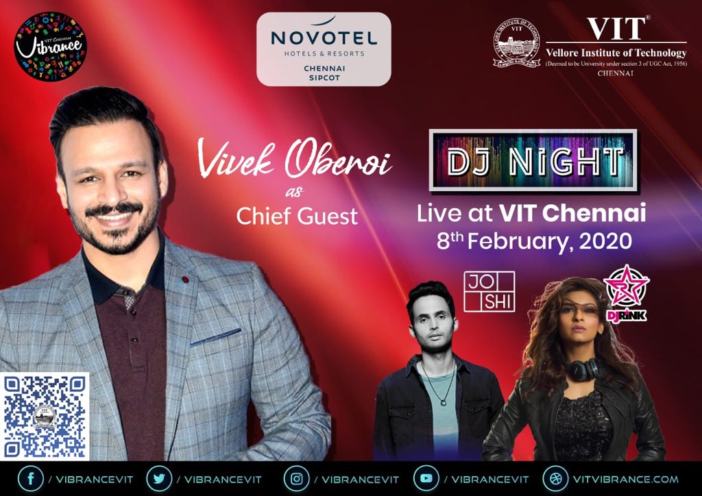 VibranceVIT's tweet photo. With many movies under his belt, Vivek Oberoi can be called an actor who has surpassed barriers. Get ready to watch the stylish actor judge our Fashion Show on 8th Feb! Psst...start practising your dance moves as DJ NIGHT IS HERE!
See you on 8th Feb !
Engage•Enthrall•Entertain https://t.co/q0QpQPxD7U