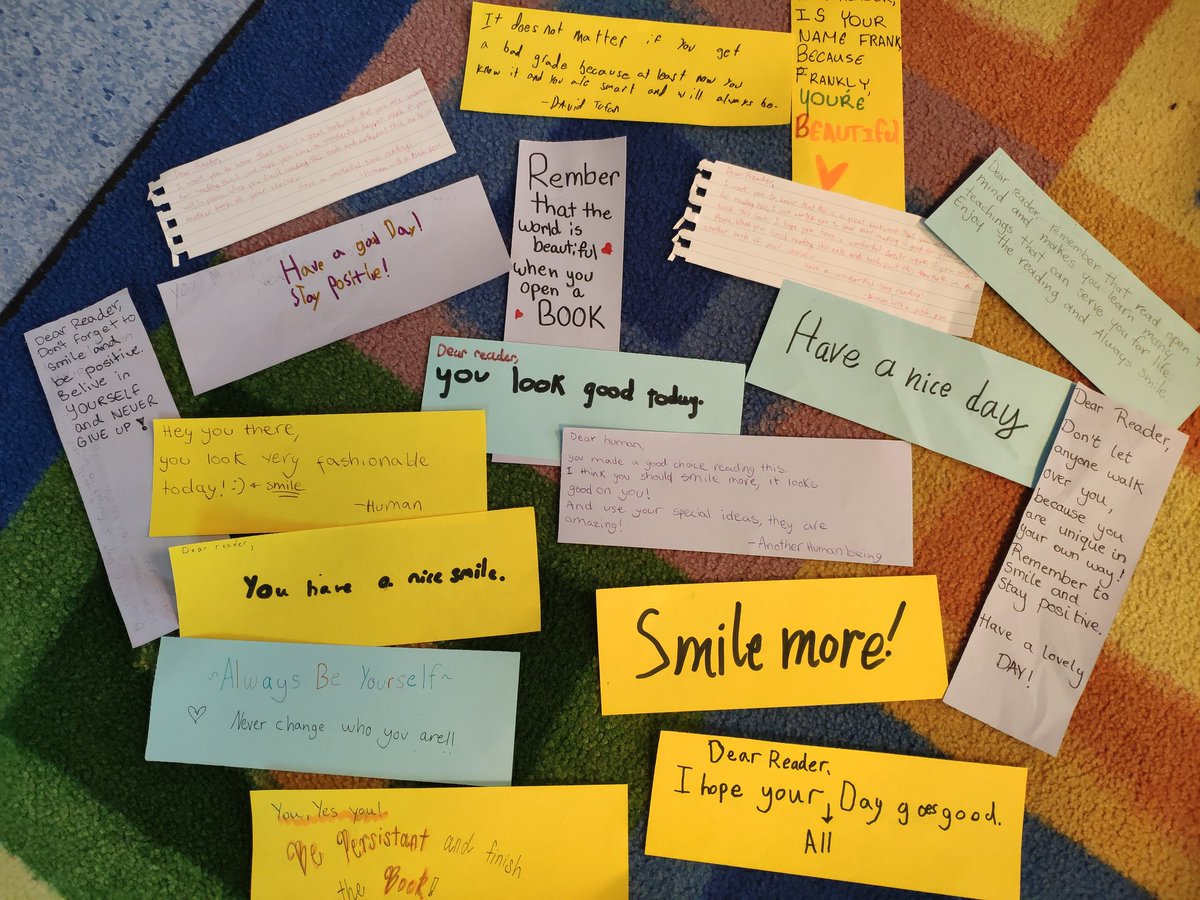 reinhardt1026's tweet photo. "An Act of Kindness can change the world" said one of my Ss. My G5s wrote words of kindness and little messages and decided to put their messages in the library books. #messageinabook #PYP #PYPG5 #AISBucharest https://t.co/5GXnh6HjVe