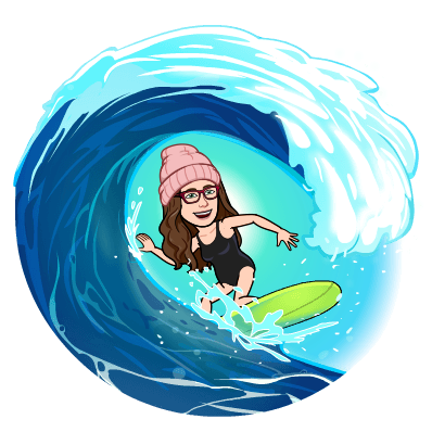 Karyn's bitmoji: pink hat, long brown hair in a bathing suit surfing a wave on a green surfboard