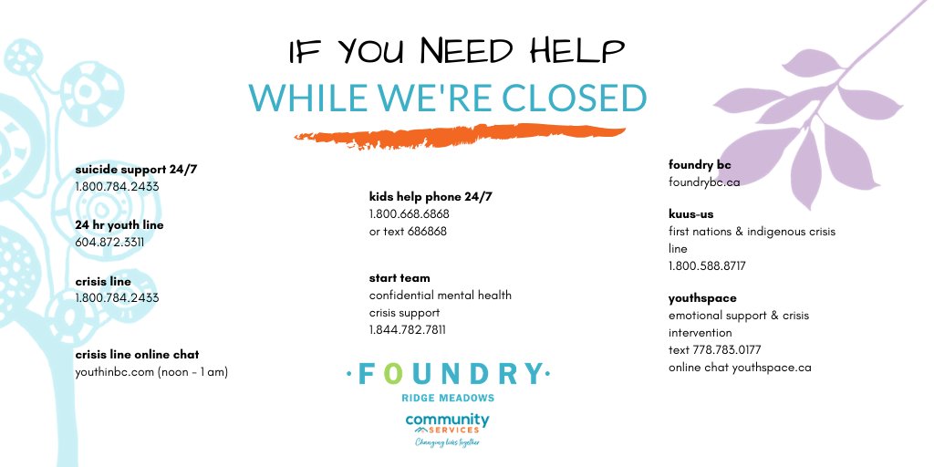 While we're closed and getting ready for our @FoundryRidge opening, you can still get help if you need it. Please share with those who might need it!

 #youthwellness #mapleridge #pittmeadows #ridgemeadows #youthmatters #mentalhealth <a href="/MRPMCS/">Community Services</a>