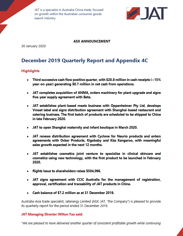 Jatenergy's tweet photo. December 2019 Quarterly Report: https://t.co/Cxklvdtbr0 https://t.co/yKa8UTQf99