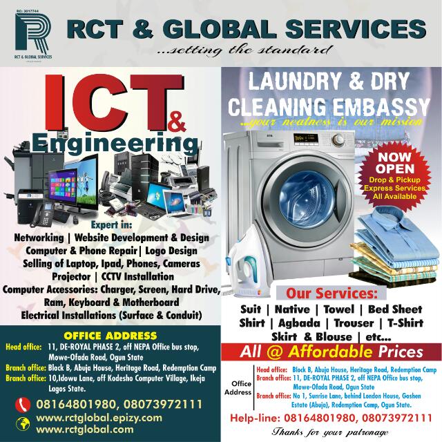 RCTGlobalz's tweet photo. We are fast a growing Laundry service company. We do laundry and dry cleaning services at affordable prices, we can come pick up your clothes and deliver the Spotless Clothes To you Folded Or Hanged anywhere within the Redemption Camp , Mowe , Ibafo, Ofada and its environs. https://t.co/4MsoIGtiNz