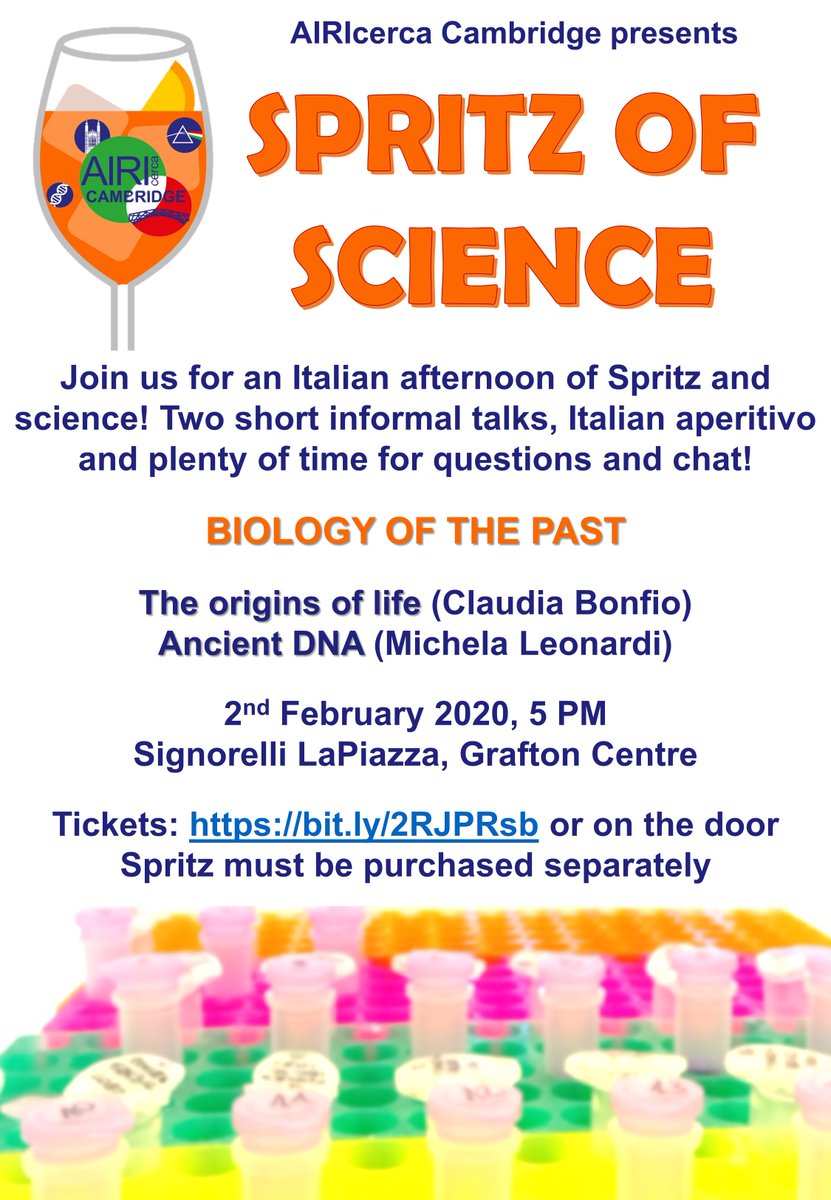 #savethedate! Join us this Sunday for our #SpritzOfScience on the biology of the past. @ClaudiaBonfio
will talk about the #originoflife and @MikLeonardi  about #ancientDNA! Tickets: bit.ly/2RJPRsb #Spritz #science #outreach #networking #Cambridge @Airi_Talk