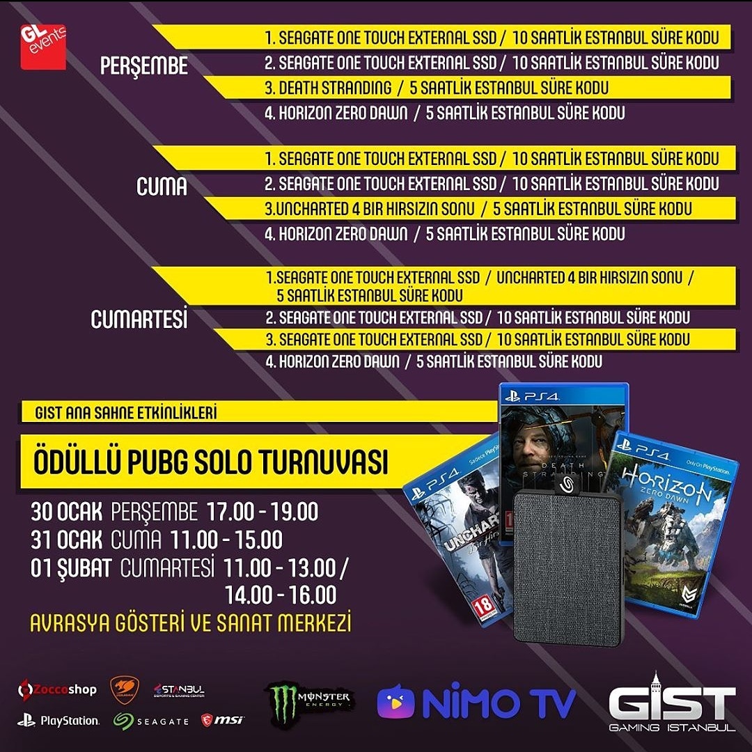 estanbulgaming's tweet photo. Gaming İstanbul 2020'de ana sahne sponsoru olduk 🔥 3 gün boyunca, ama sahnede düzenlenecek ödüllü #PUBG turnuvalarında buluşalım 💜

@GamingIstanbul @Seagate @PUBG @PlayStationTR @MonsterEnergyTR @msitweets @Zoccosshop #Gist2020 https://t.co/GoyOBOFLui