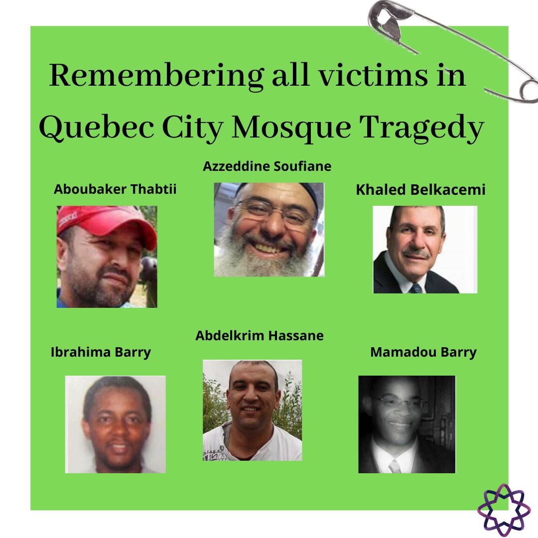 WesternMSA's tweet photo. Today, we remember.
Ibrahima Barry. Mamadou Tanou Barry. Khaled Belkacemi. Aboubaker Thabtii. Abdelkrim Hassane. Azzedine Soufiane.
May Allah SWT grant them Jannat-Ul-Firdous.
We remember. We will always remember.
#GreenSquareCampaign #WeRemember https://t.co/QTa2lKsOgm