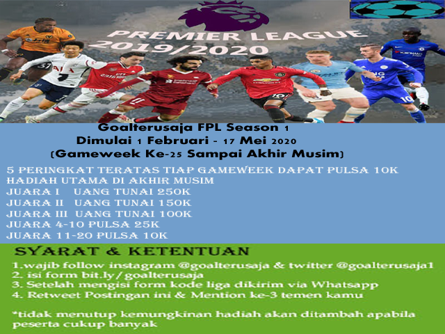 goalterusaja1's tweet photo. Ayo join di Goalterusaja FPL Season 1
Syarat dan ketentuan:
follow akun twitter &amp; instagram yang tertera
wajib mengisi formulir di https://t.co/VgoPtK9oYu
retweet &amp; mention postingan ini yah...
maksimal 1 nomor handphone 3 akun
#FPLCommunity #fplgoalterusaja https://t.co/BeZULwYTKu