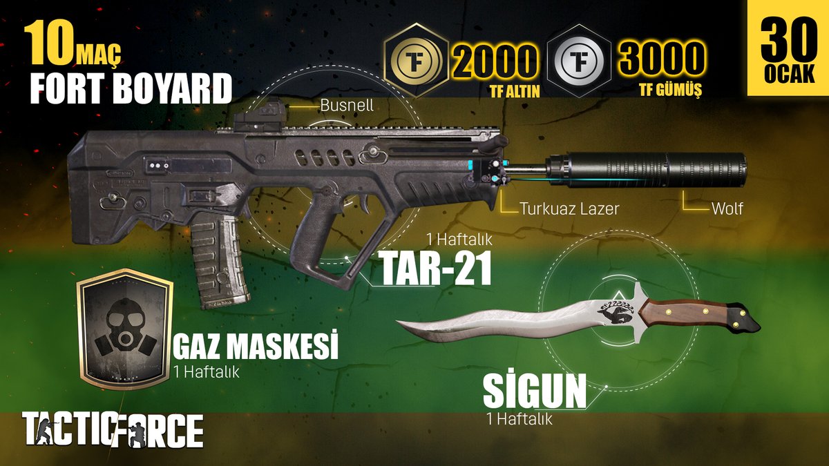 tacticforcegame's tweet photo. Yarıyıl tatilinin son demlerinde hediyeler katlanarak artıyor! Hemen Fort Boyard haritasında 10 maç at, ödülleri kazan! 

1 Haftalık Full + Full Tar-21 Taarruz Tüfeği
1 Haftalık Sigun Bıçak
1 Haftalık Gaz Maskesi
2.000 TFA
3.000 TFG

Tactic Force: Ücretsiz Oyna, Bileğinle Kazan! https://t.co/aI3OYjHh8V