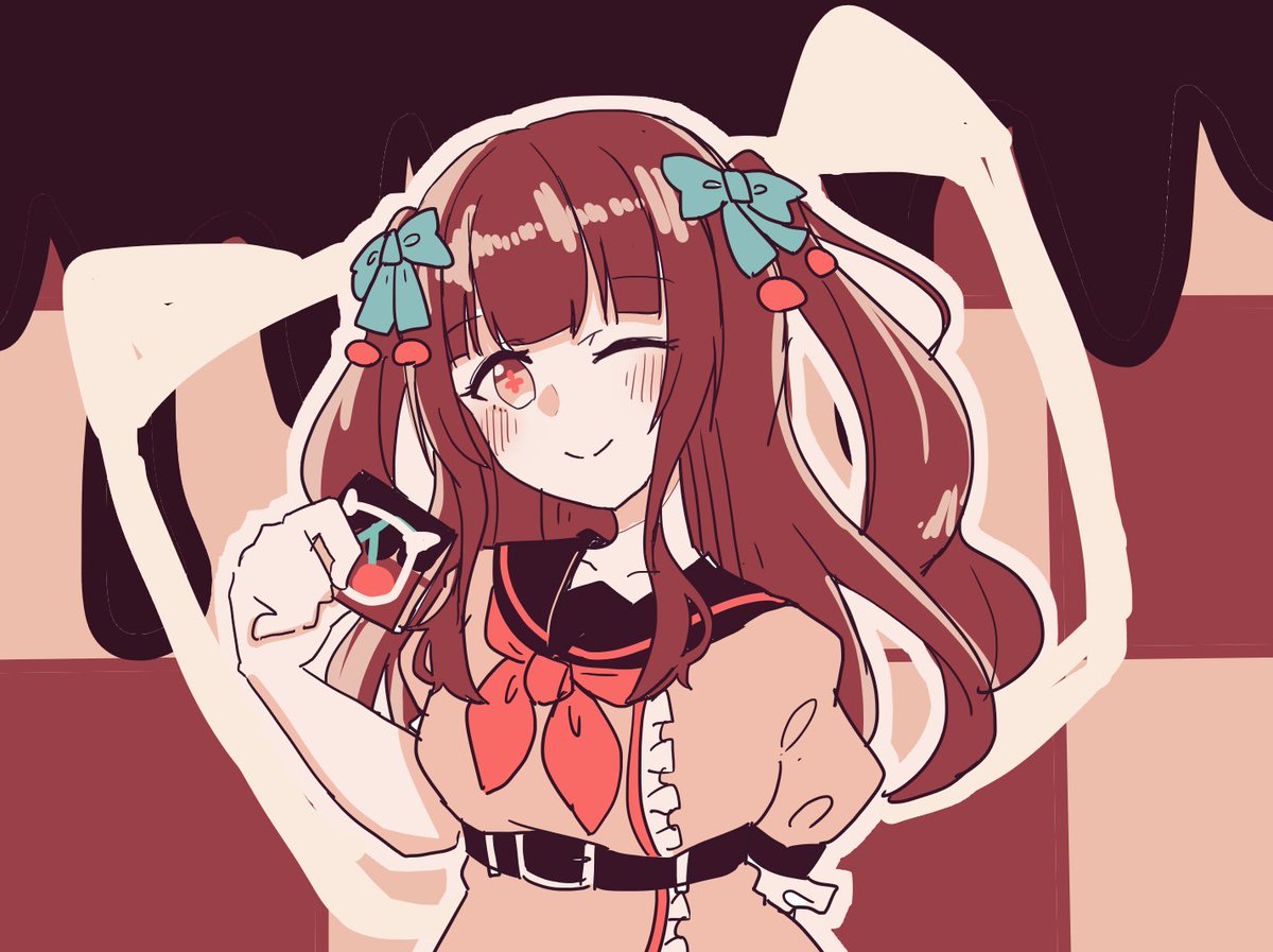 1girl one eye closed brown hair solo smile long hair bow  illustration images
