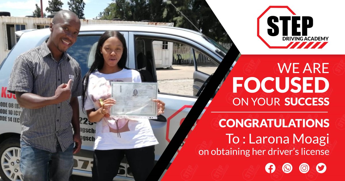 StepDriving's tweet image. Success story: Lets congratulate Larona Moagi on obtaining her driver’s license.
Be the next in line to obtain your own license with Step Driving School.
stepdrivingschool.co.za