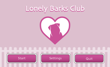 Screenshot of a menu screen with the title "Lonely Barks Club", and a logo of a heart shape around a dog. Buttons for Start, Settings and Quit sit at the bottom beneath a picket fence.