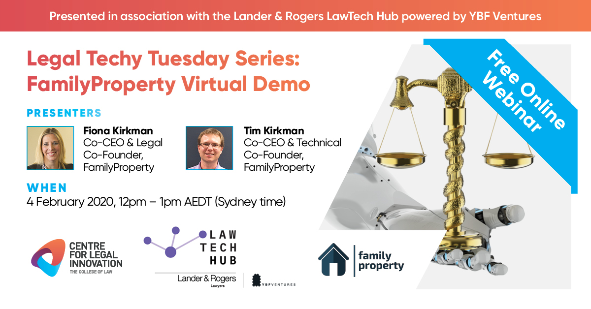 CALLING ALL FAMILY LAWYERS…..FREE VIRTUAL DEMO OF FAMILYPROPERTY TECH ON 4 FEBRUARY 12noon-1pm AEDT (Sydney time) with CEO Fiona Kirkman and CTO Tim Kirkman. Register now: bit.ly/37CfLVC
