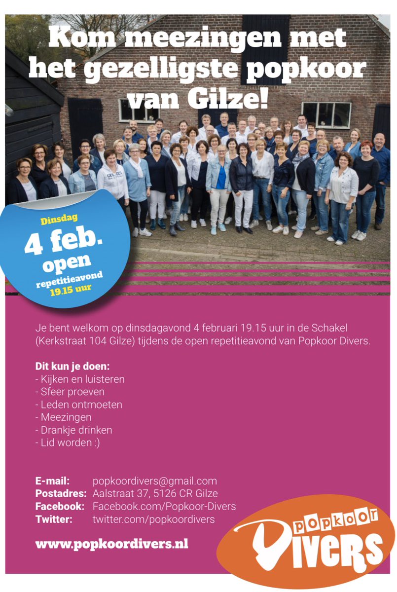 Aanstaande dinsdag, 4 februari, houden we een open repetitie! 
Heb jij interesse in gezellig samen zingen bij onze Divers familie? Kom vrijblijvend sfeer proeven, luisteren, misschien wel meezingen en hopelijk zien we je vaker!