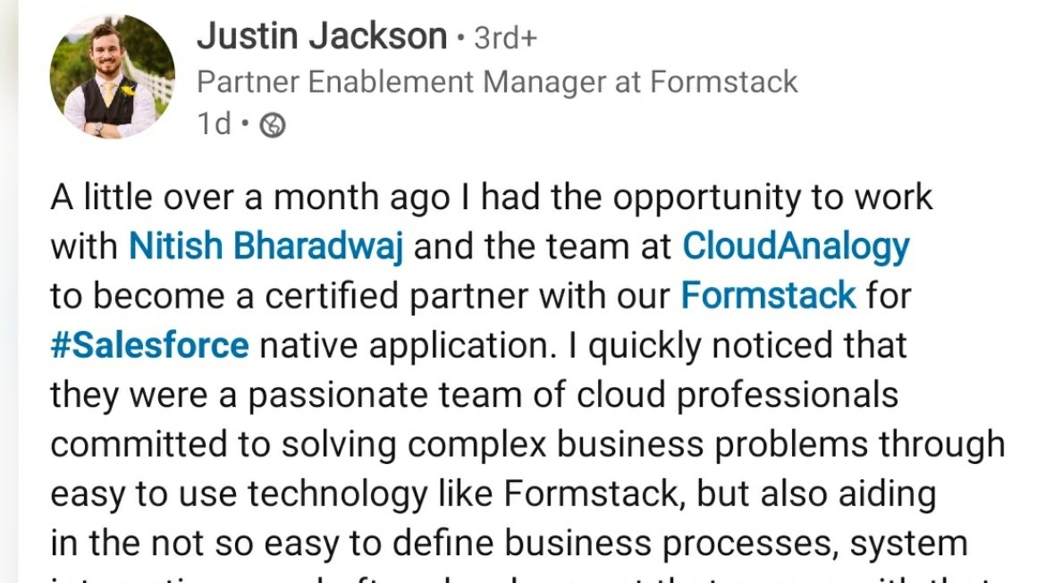 cloudanalogy's tweet image. This is what Justin Jackson Partner Enablement Manager at @Formstack, has to say about collaborating with us.🎊🎉👍
Thank you so much, Justin Jackson, for the positive feedback and for placing your trust and confidence in us.👍
#salesforce  #formstack